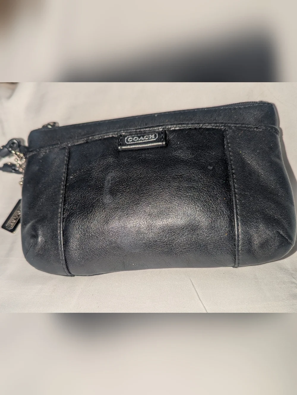 Coach Black Leather Wristlet Clutch with Logo Charm